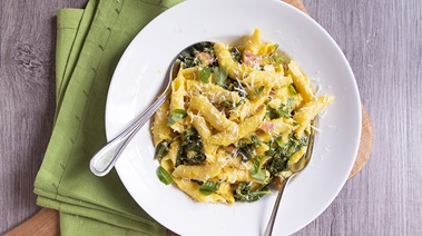 Pasta with Roasted Squash Sauce, Kale & Pancetta