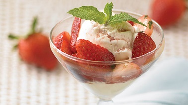 Strawberries with Cassis and Mint on Vanilla Ice Cream